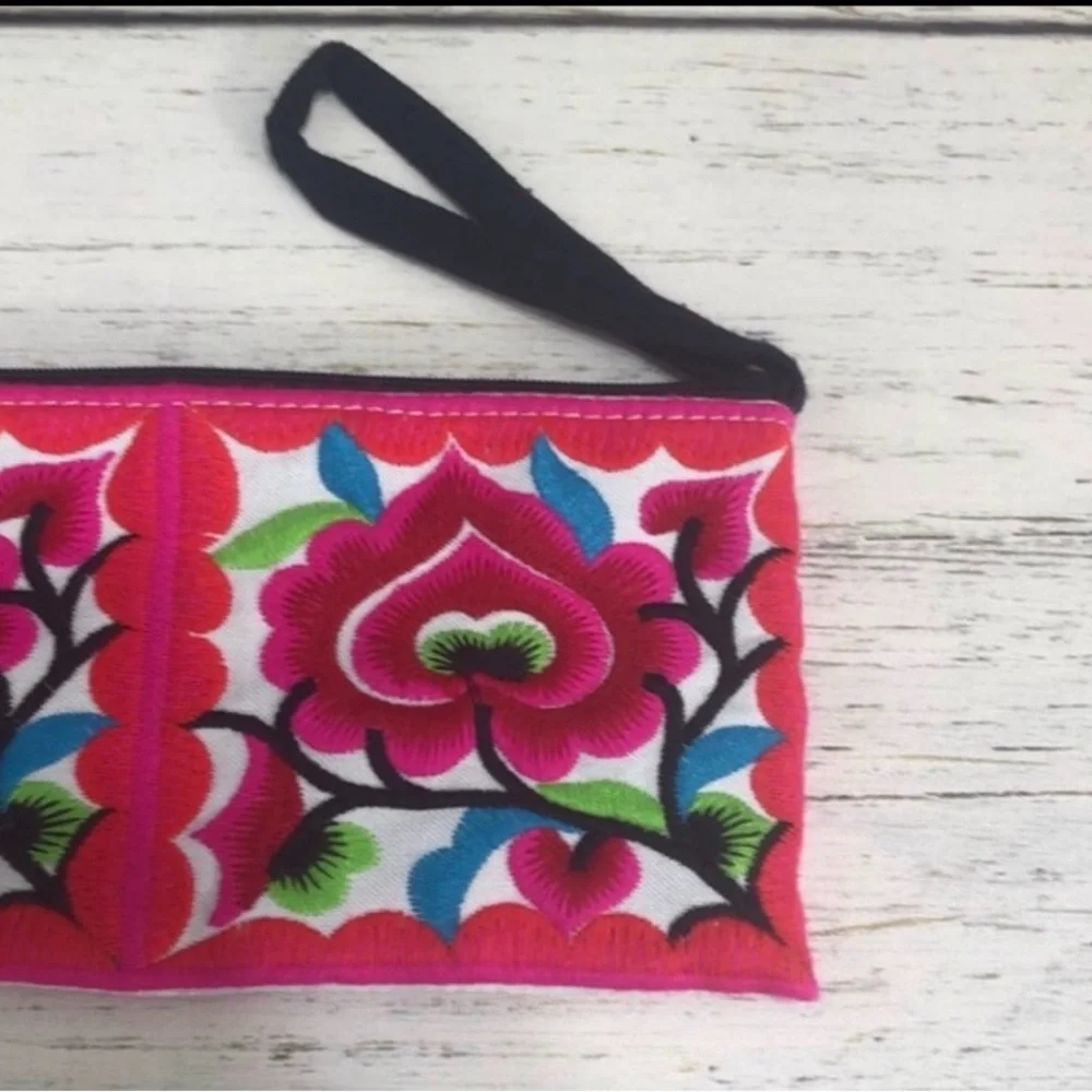 Floral Embroidered Clutch with Wrist Strap Vibrant colors